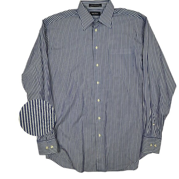 Nautica Shirt Mens 15.5 34/35 Blue White Striped Long Sleeve Button Down Cotton - Picture 1 of 12